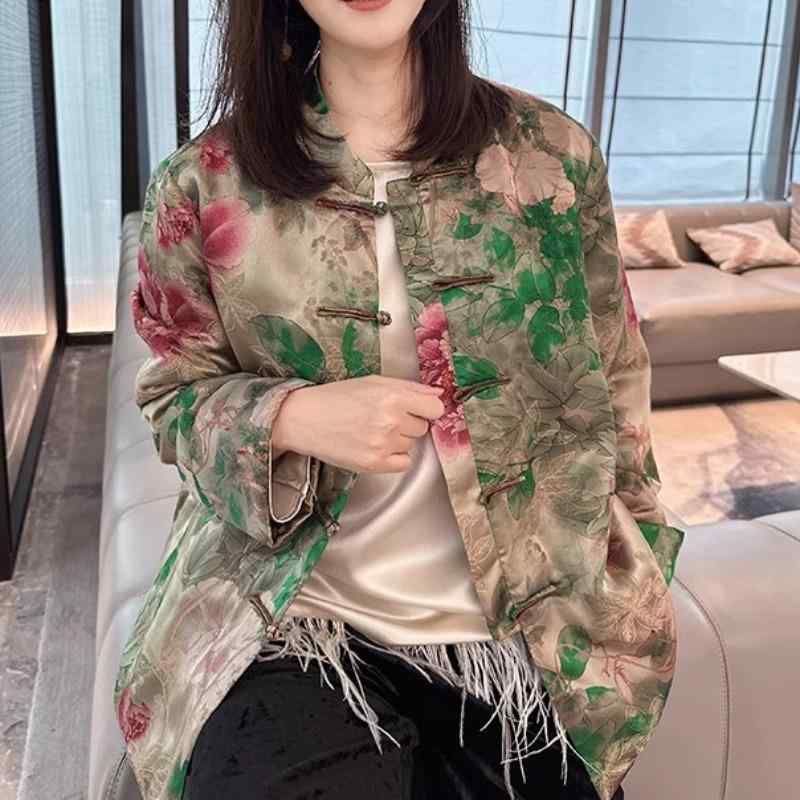 秋服 レディース ファッション オシャレ カワイイ シンプル 大人カワイイ 大きいサイズ ハイエンド ク バックル プリント キルティング ジャケット 冬 サテン 唐 スーツ 綿 パッド ジャケット