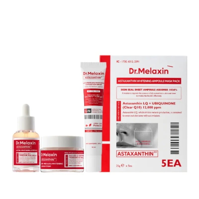 【大人気】【アスタキサンチンスキンケア】 アスタキサンチンブライトニングフルケアセット[アスタキサンチンアンプル30ml+クリーム50ml+日焼け止め50ml+マスクパック5枚入り]