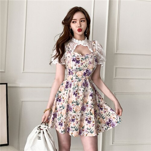 花柄二次会タイトフレアフォーマルミニワンピースショートミニ丈お呼ばれセクシーワンピ 母の日 母の日-0002989