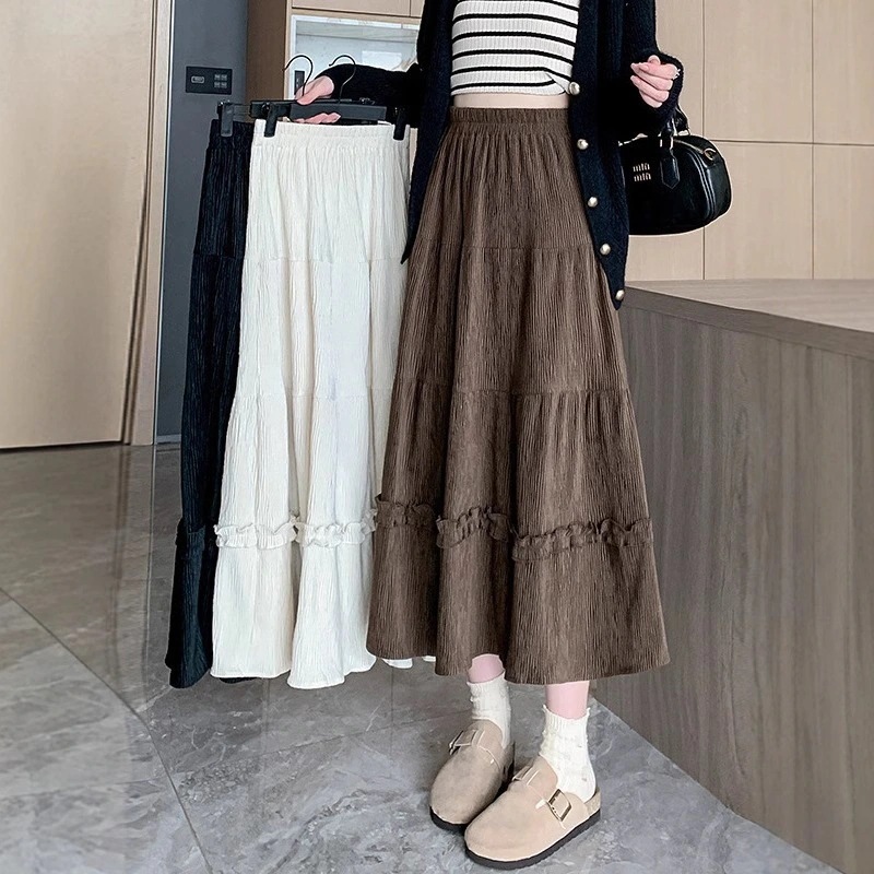 【1つ買うと10つ無料】コーデュロイふっくらしたスカートの春秋と冬の中程度の冬のスリム 字型ドレープスカート傘スカート
