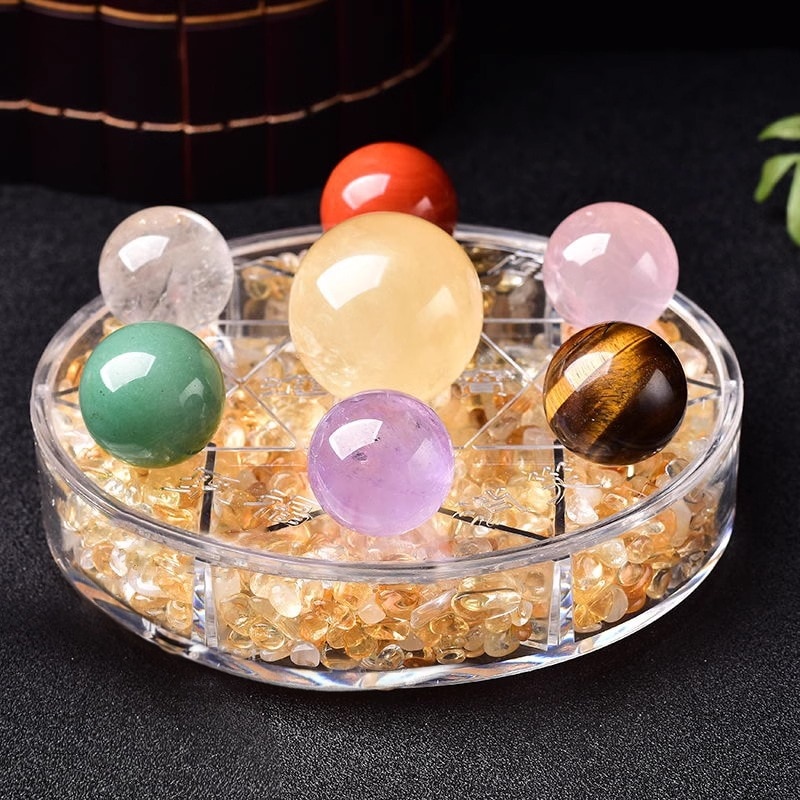 占い用クリスタル天然水晶玉七星配列装飾黄色の方解石玉ホームリビングルームオフィスデスク装飾