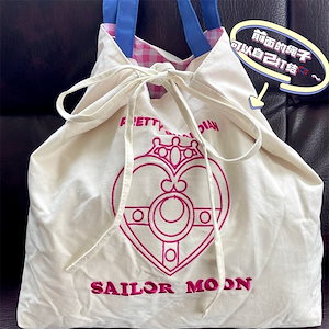 製 セーラームーン キャンバスバッグ 大容量 ガールハート チェック柄 可愛い 刺繍 ショルダーバッグ トートバッグ