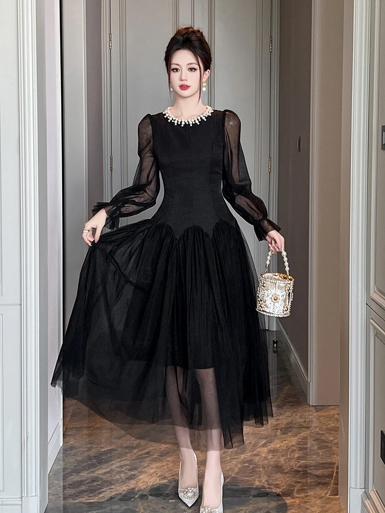 【3日で出荷】秋冬新品 チュールドッキング 綺麗 黒 ドレス パーティー キャバ 大人 同窓会 披露宴 卒業式 結婚式 演奏会 ウェディング 二次会 メガ割