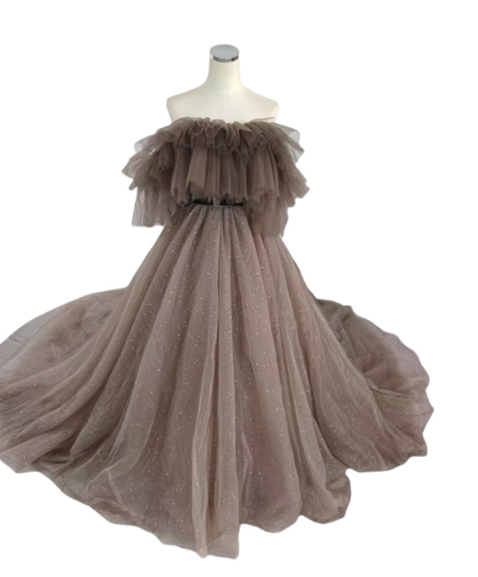 カラードレス カーキ色 オフショルダー サッシュベルト キラキラチュール クラシカル 前撮り 29,829円