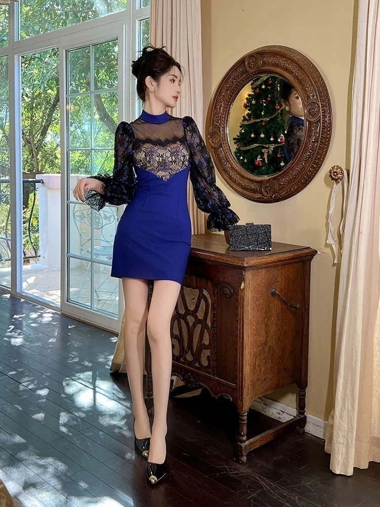 結婚式 小柄 二次会 タイト ワンピ ロイヤルブルー 大人 披露宴 着痩せ 同窓会 ショート ウェディング パーティードレス 卒業式 レース キャバ お呼ばれ