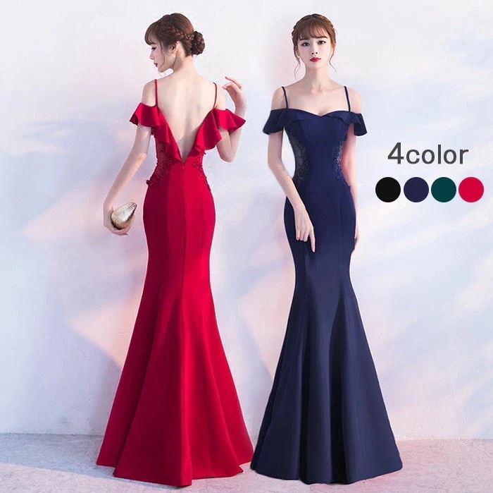 ロングドレス 母親 結婚式 演奏会 ドレス 大人 ピアノ 発表会 大きいサイズ 体型カバー 着痩せ イブニングドレス パーティー ワンピース 上品 オフショルダー ドレス マーメイドライン エブリ X