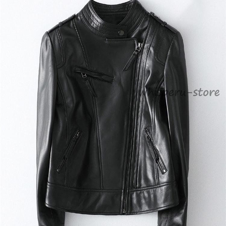 レディース革ジャン 本革　秋冬　レザージャケット ライダースジャケット 立ち襟 ラム革 カジュアル バイクウェア シングル 女性用　上品　防寒防風