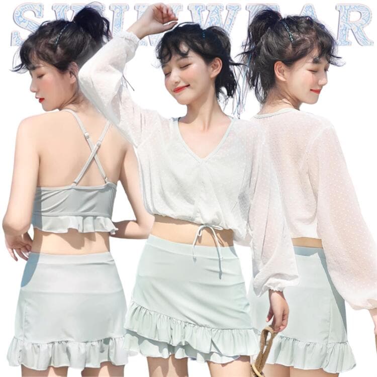 緑 ラッシュガード 水着 レディース 体型カバー セパレート 水着 タンキニ スカート 3点セット 長袖 レース ミントグリーン 無地 水着 韓国 水着 おしゃれ 安全パンツ 露出控え パッド ワイヤ