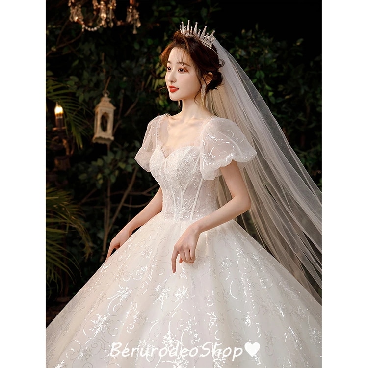 【新品】ウェディングドレス パフスリーブ プリンセスドレス ホワイトドレス 結婚式ドレス 花嫁ドレス ウェディングドレス 白 スパンコール キラキラ キレイめ 海外挙式 トレーンドレス Aライン 袖あ 7,998円