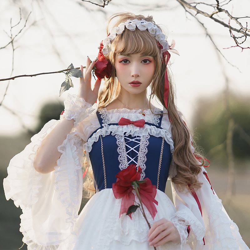 HeartbeatslolitaスターリーキャロルスーツJSKスカートサスペンダースカート＆ワンライン衿ジスリーブシャツロリータマルチピーススーツフルドレス