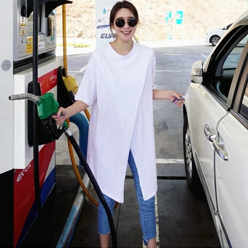 個性的 トップス Tシャツ カットソー 白トップス ロング ロング丈 袖あり 半袖 ドロップショルダー