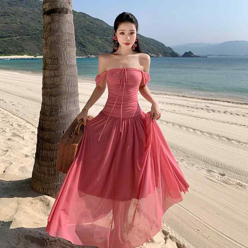 レディース ファッション ワンショルダー スリム ホット ガール ロング丈 海辺 ビーチ スカート イベント ドレス