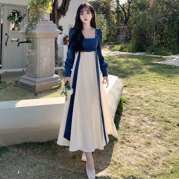 トップス ワンピース ロング ロング丈 袖あり 長袖 ラウンドネック フレア セミフレア リボン ベルト ウエストリボン 切り替えデザイン 大人可愛い きれいめ 大人 上品 おしゃれ お洒落
