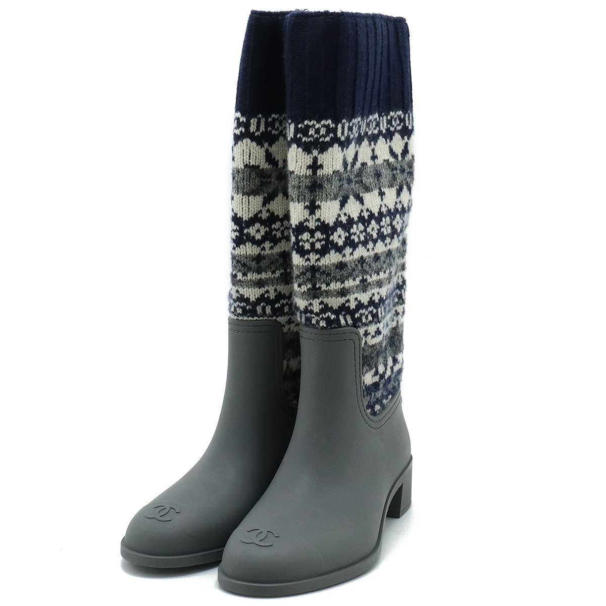 ロングブーツ ノルディック ウール ラバー ネイビー グレー ホワイト #37 日本サイズ約23.5cm G29290Y1524
