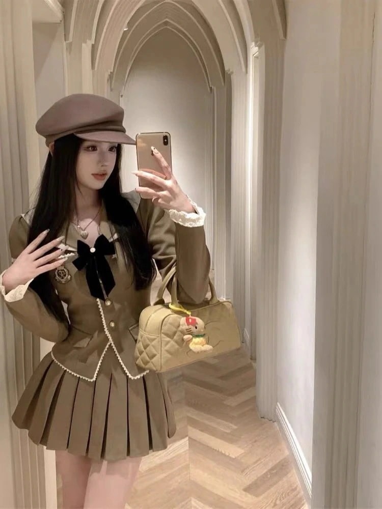 涼しく楽ちんセット作学院風スーツリボンスカート雰囲気ブレザー春秋プリーツスカート2枚セット制服韓国ファッションアップレディース