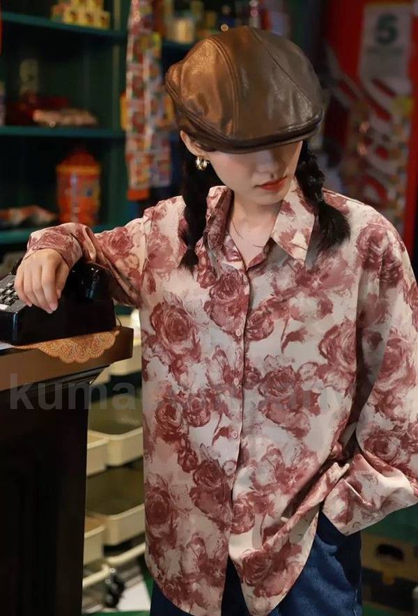 花柄 シャツ ブラウス レディース 長袖 トップス 春秋 柄シャツ 総柄 襟付き 羽織りもの 春秋 カジュアル 韓国 ファッション アロハシャツ ゆったり レトロ おしゃれ km