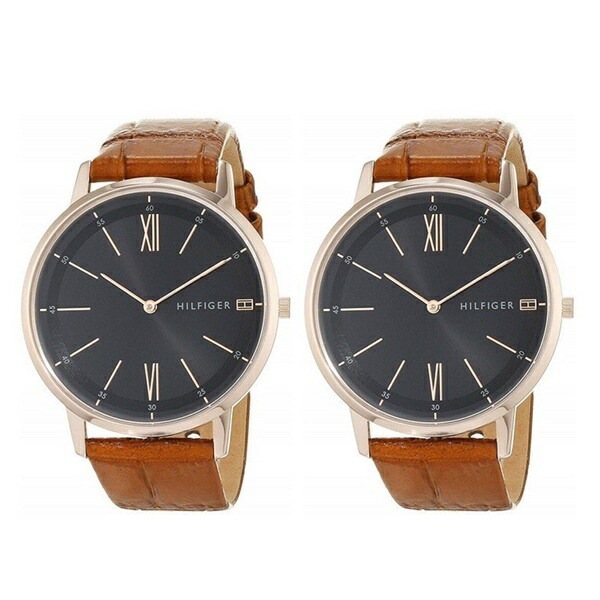 【ペア収納ケースつき】トミーヒルフィガー 腕時計 手表 ペアウォッチ ペアルック 黒文字盤 ブラウンレザー 同じサイズ おそろいペア スリム とけい 17915161791516 誕生日プレゼント ポ