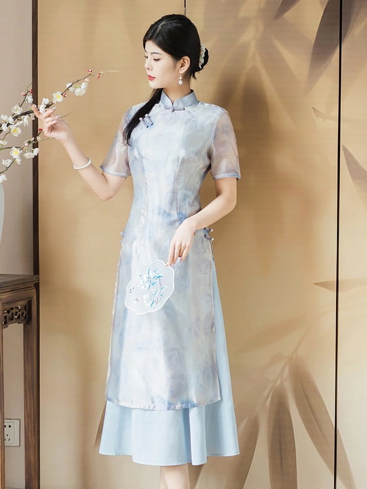 【酔清風.上品】 チャイナドレス 夏 清楚系 ワンピース チャイナワンピース スリット レトロドレス パーティー フォーマル 演奏会 成人式 新中式30%までに制限