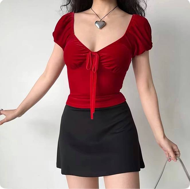 レディース トップス Tシャツ ショート 半袖 パフスリーブ Vネック スリム 細身 リボン かわいい 大人可愛い きれいめ シンプル カジュアル 上品 おしゃれ ガーリー ラブリー キュート 無地