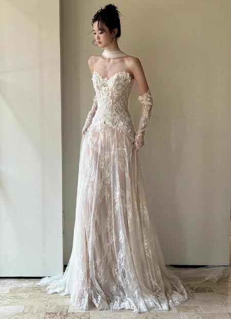 ウェディングドレス ベアトップ 細見えシルエット 贅沢な総レース クラシカル 優しい 前撮り