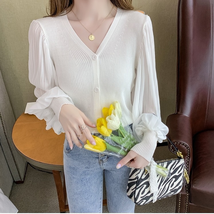 ボリューム袖ニット シフォンボリューム袖 異素材ミックス リブニットトップス トップス ブラウス ニットソー セーター 白シャツ 白トップス 袖あり 長袖 ボリューム袖 パフスリーブ Vネック スリム
