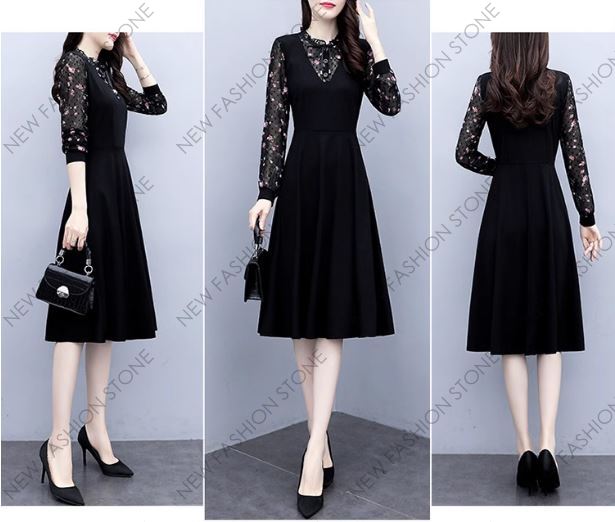 長袖ワンピースシフォン花柄スカート春秋服-10