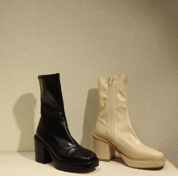 ブーツ レディースシューズ レディースブーツ ミドルブーツ ハイヒール スクエアトゥ 美脚 脚長 ジップ レザー PU かわいい 大人可愛い きれいめ シンプル カジュアル 大人 上品 おしゃれ