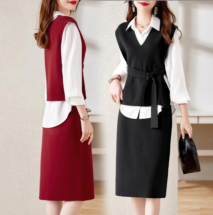 3点セット セパレート レディース ワンピース きれいめ タイトスカート ベスト ブラウス 上下 セットアップ ワンピース オフィスカジュアル お出かけ セクシー 結婚式 二次会 通勤 OL フォーマ