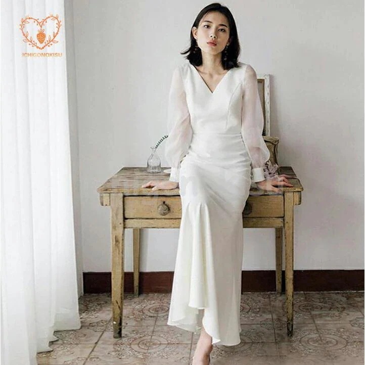 ウェディングドレス wedding dress ライトドレス 花嫁ドレス 長袖 スレンダーライン 二次会ドレス ワンピース ロング 白 花嫁 前撮り 披露宴 結婚式 海外挙式72