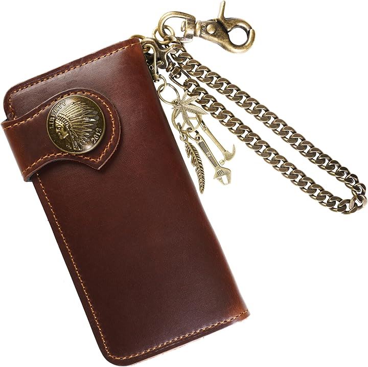 バイカーズウォレット 長財布 ウォレットチェーン セット ライダースウォレット レザーウォレット 二つ折り メンズ 本革 ヴィンテージ 革財布 牛革 メンズ長財布 長サイフ(ブラウン)