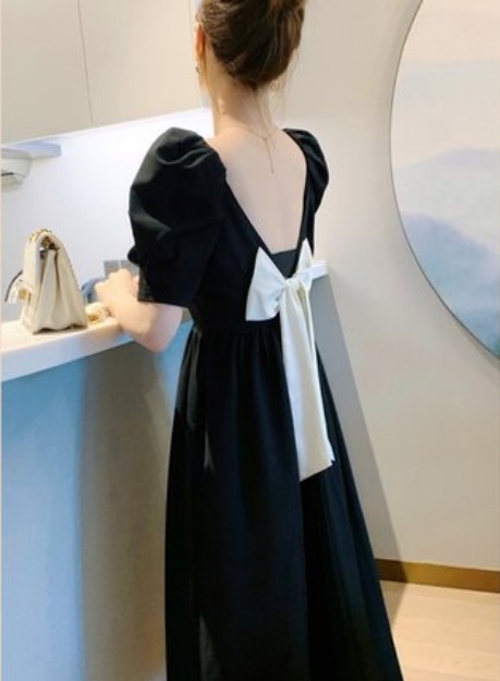 ワンピース フレアワンピース ミモレ丈 半袖 パフスリーブ スクエアネック セミフレア スリム リボン バックシャン バックコンシャス ハイウエスト ポリエステル 大人可愛い シンプル おしゃれ