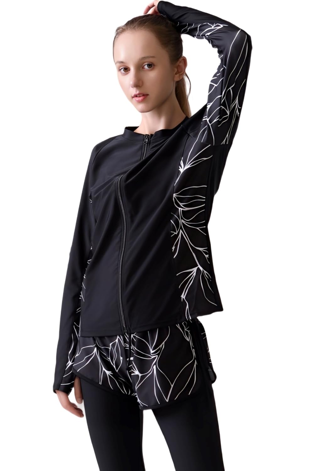 [THE CLASSIC TOKYO UV LABEL] 水着 レディース タンキニ 体系カバー フィットネス セット (M, ブラック×エレガントリーフ)