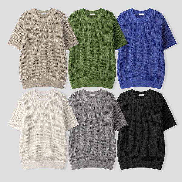 メンズ コルク スカシ ラウンド 半袖 ニットTシャツ AS-KNH-Q015-グレーベージュ