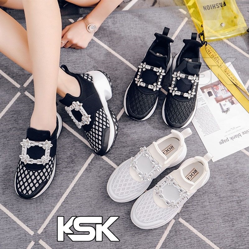 スニーカーシューズ ダイヤ付き 20色インヒールスニーカー ヒール5cm メッシュ メが割り スポーツシューズ レディース 厚底 スクエア ビジュー モチーフ 黒