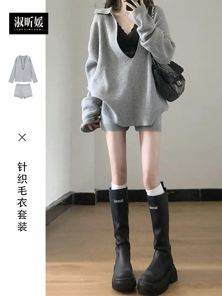 女性のための秋冬グレーニットセータースーツドレス2024秋に着る小柄な人のための新しいスタイル