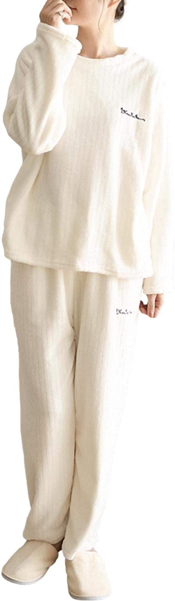 上下 セット もこもこ ルームウェア レディース パジャマ おしゃれ 暖かい 部屋着(ホワイト, Free Size)