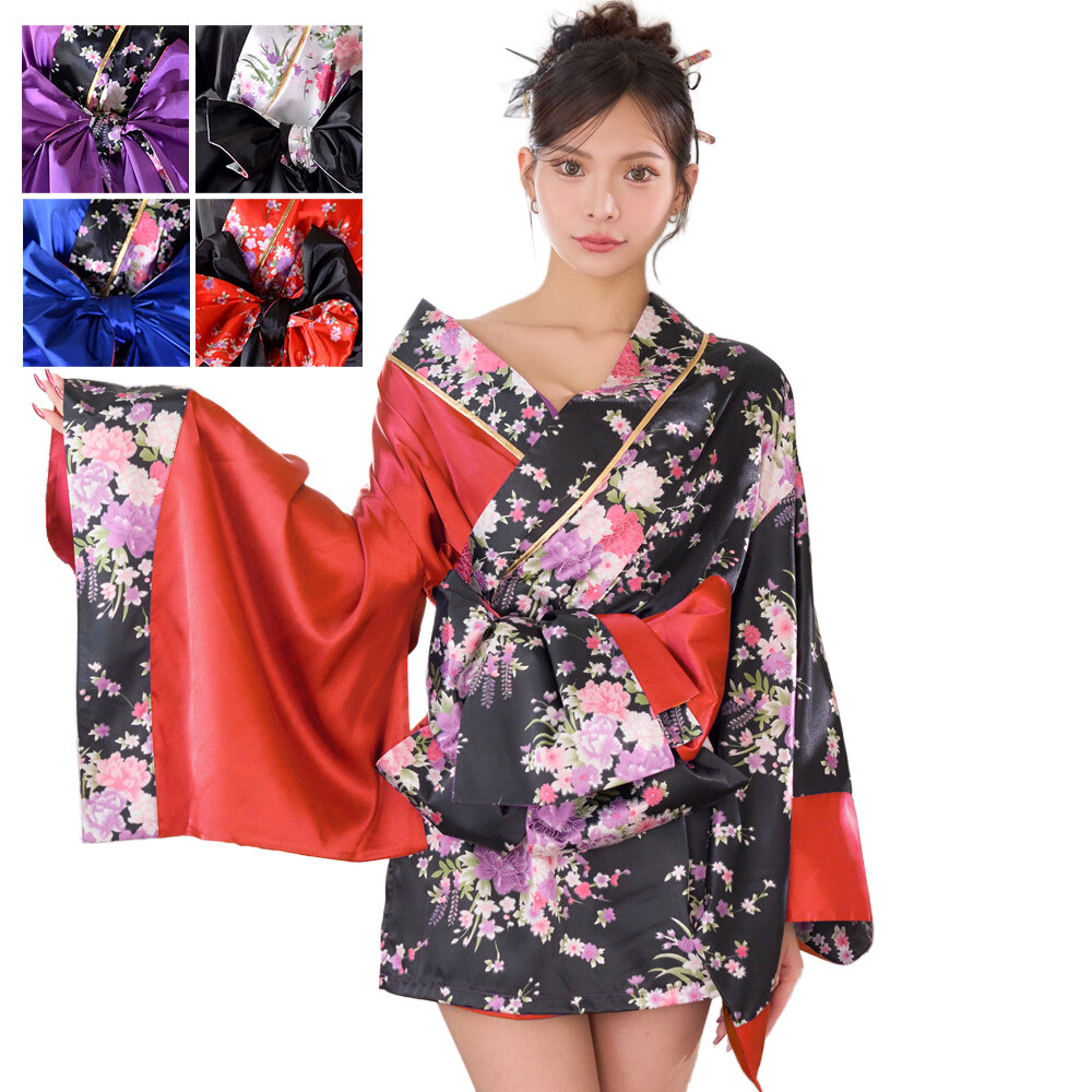 【2点セット/5カラー】バイカラー 花柄 和柄 オフショル ミニ 豪華 帯 リボン 花魁 着物 ドレス コスプレ イベント ハロウィン [1525] 6,636円