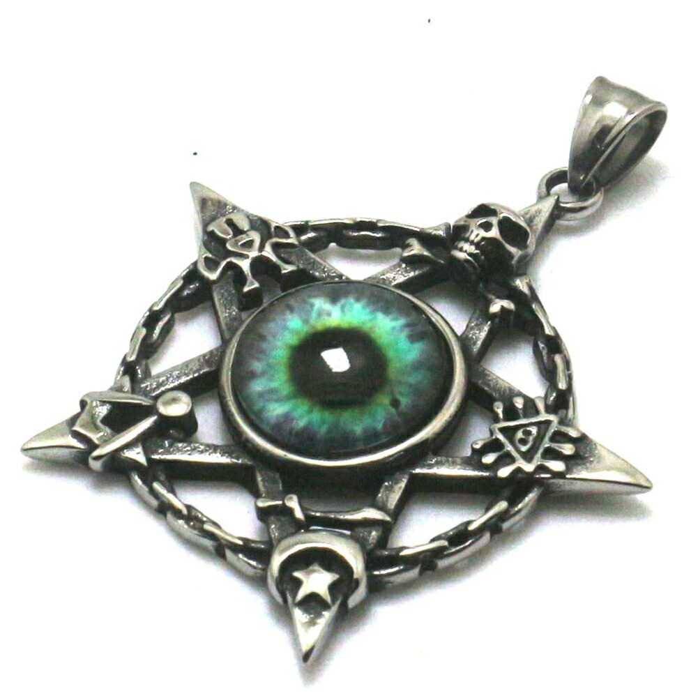 スカルスターグリーンアイペンダントトップ 五芒星 ドクロ 目玉 眼球 瞳 魔法陣 三日月 星 髑髏 アクセサリー 首飾り ステンレス 男性 女性 プレゼント ネックレス stt00-00-0207
