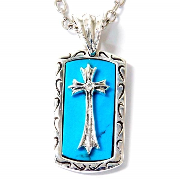シルバー925 ペンダント ネックレス 天然石 ターコイズ ハウライト クロス 十字架 立体 プレート ジルコニア メンズ レディース 水色/白