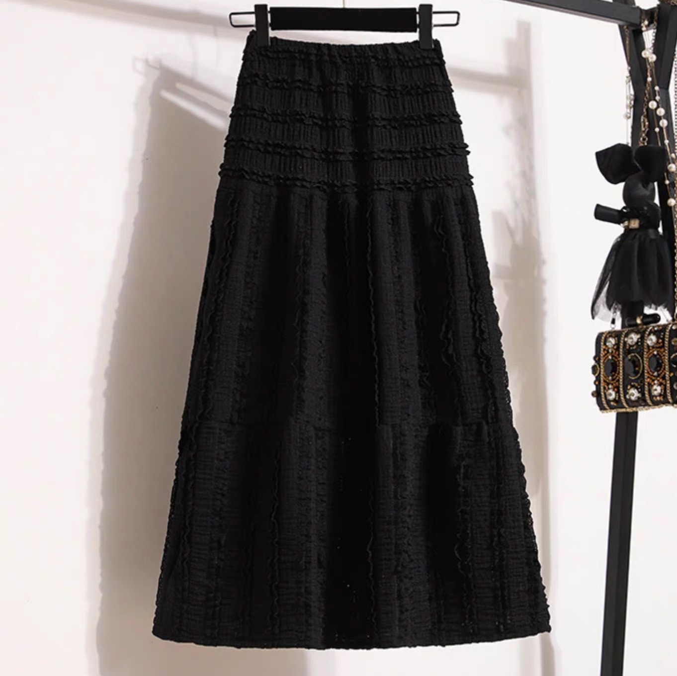 レディース スカート ボトムス フレア ティアード ロング Aライン フェミニン レース ハイウエスト ウエストゴム かわいい 大人可愛い シンプル カジュアル おしゃれ レトロ こなれ感 エレガント