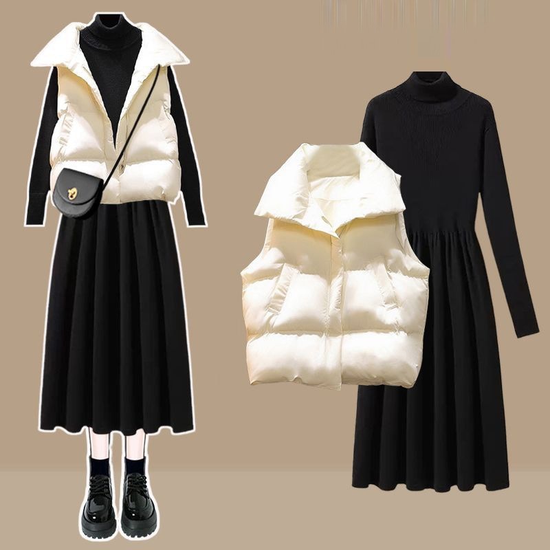 【流行に流されないデザイン】 人気高い 配色着痩せ効果折り襟秋冬Aラインファッション二点セット