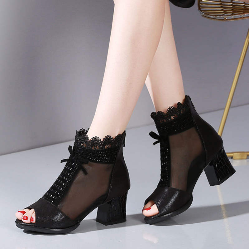 777円OFFクーポン グラディエーターサンダル レディース 太ヒール 7cm 黒 歩きやすい 通勤 ブーツサンダル オープントゥ 大きいサイズ 小さいサイズ 疲れない ハイカット バックジッパー 通