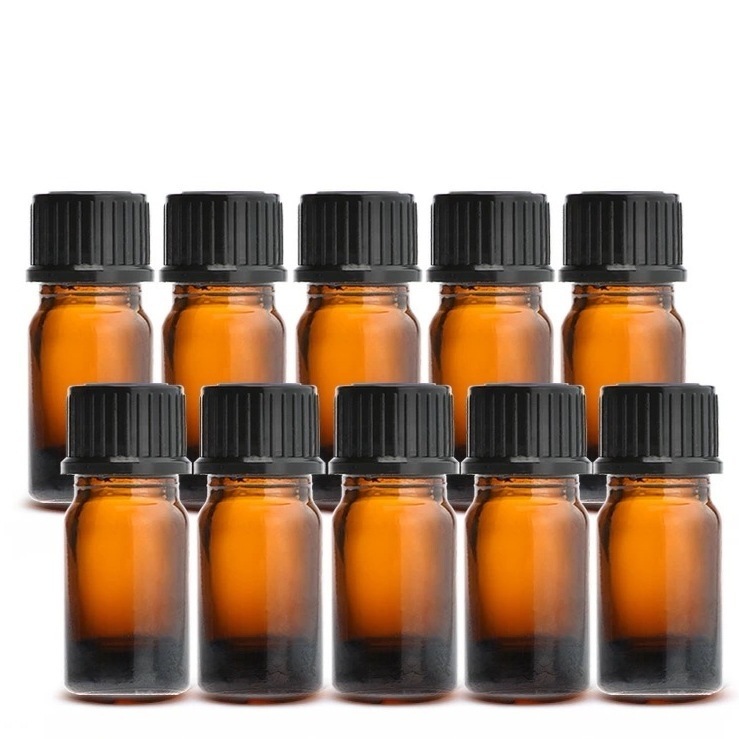 遮光瓶 5ml（アンバー） 100本セット 黒キャップ＆ヴァーティカルドロッパー / 遮光ビン ガラス瓶 薬瓶 保存 アロマオイル エッセンシャルオイル精油 キャリアオイル 香水 手作り コスメ ハン