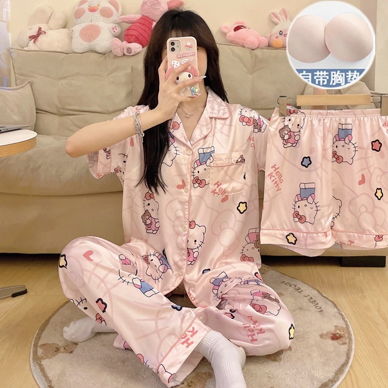 hellokitty パジャマ 女性用 夏用 アイスシルク 半袖 胸パッド付き ワンピース スリーピース ホーム服 夏用