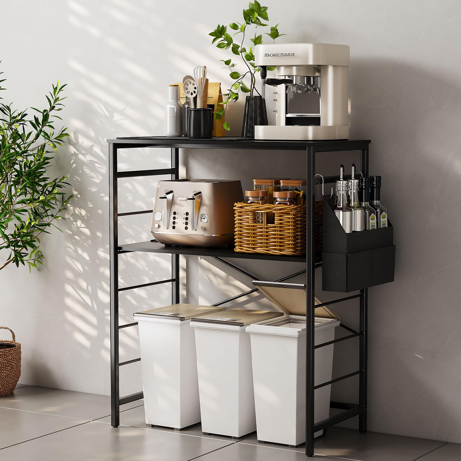 ゴミ箱上ラック 幅80×奥行40×高さ100cm キッチンラック 冷蔵庫上ラック 5段可動棚 収納袋付き 4個フック付き キャスター付き キッチン棚 レンジ台 レンジ 炊飯器 ゴミ箱上収納 電子レンジ