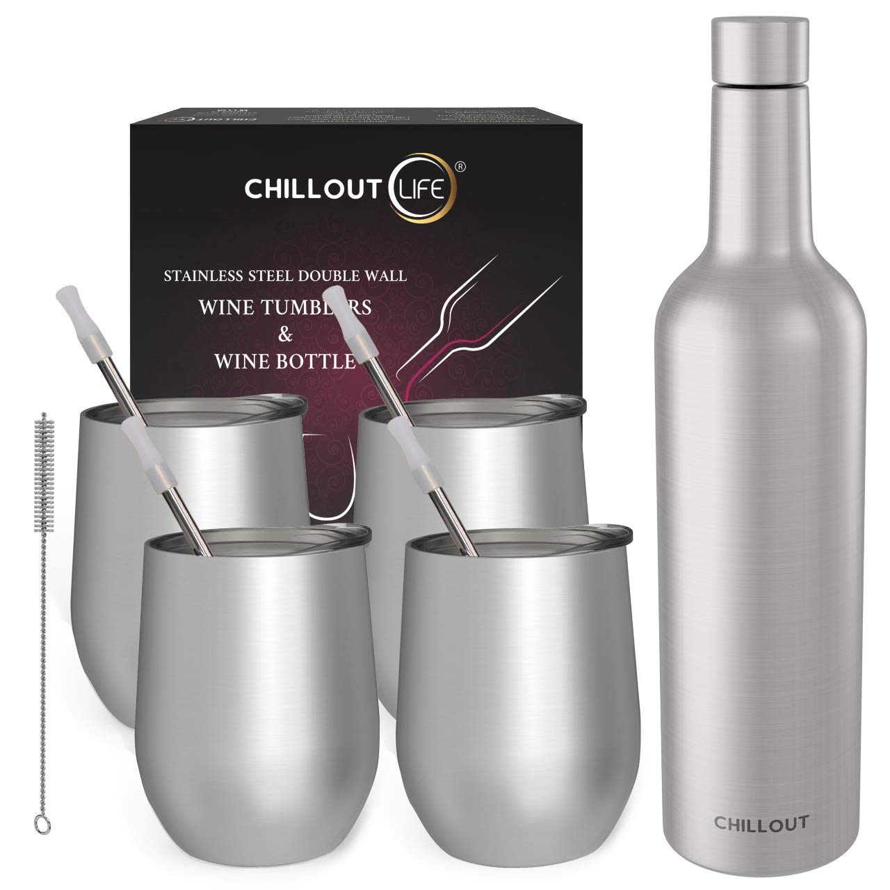 CHILLOUT LIFE ステンレススチール ワインタンブラー 4個パック 12オンス & 1断熱ワインボトル - 二重壁真空断熱ワインカップ 蓋とストローセット