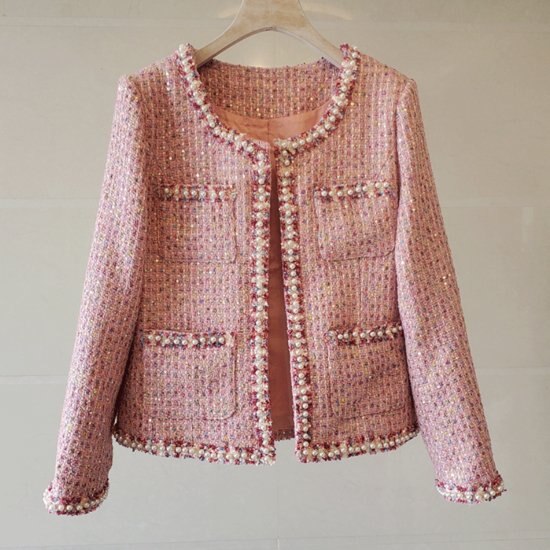 【取寄：納期2週間】ジャケット ツイード ノーカラー 秋 コート カジュアル エレガント フォーマル パーティー