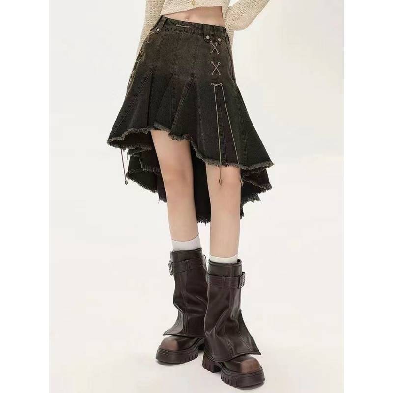 Maillard Retro Outfit不規則なプリーツフリルの古いaラインデニムスカートの女性のための