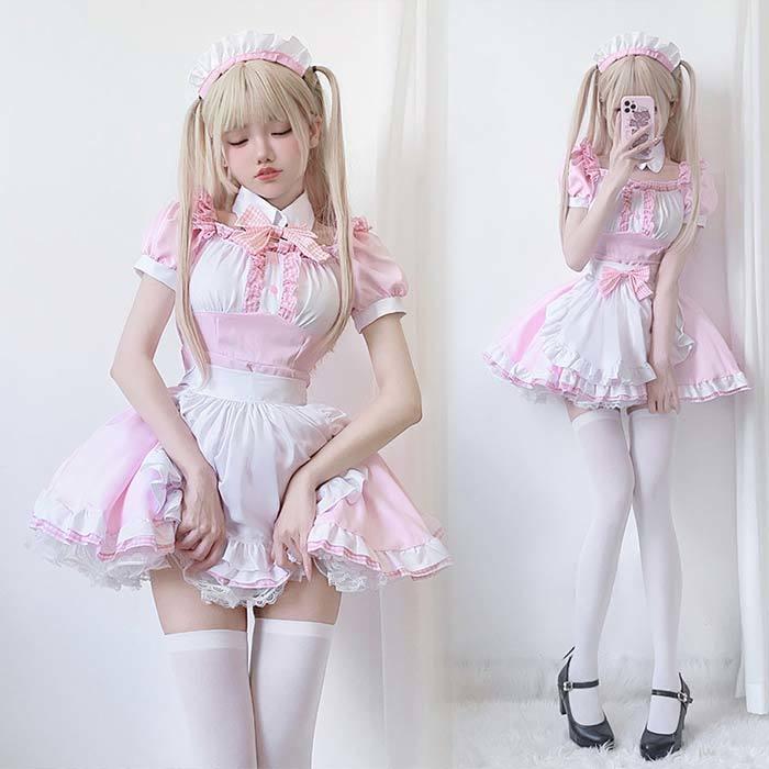 【大人気】メイド服 ワンピース ロリータ服 ロリータ かわいい カチューシャ付き 半袖 レディース コスプレ 衣装 セット 仮装 女装 フリル 蝶結び メイド ウェイトレス コ