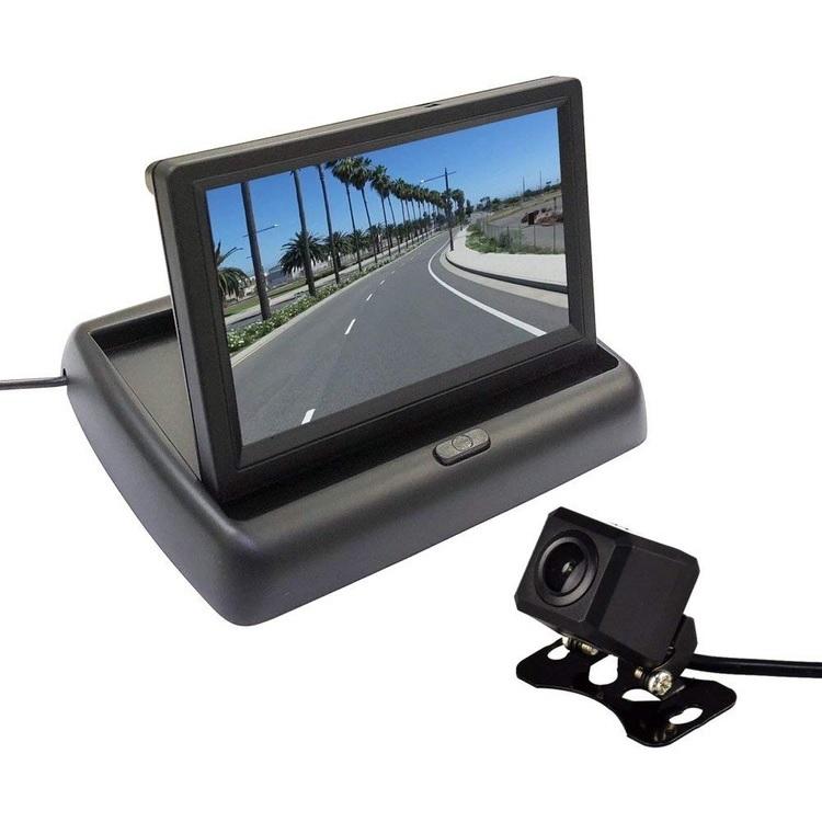 5インチフリップアップモニター 折畳式 ワイド画面 映像入力2系統 ガイドライン切替可 角型防水小型バックカメラお得なセット 12V専用 MOT50A206C